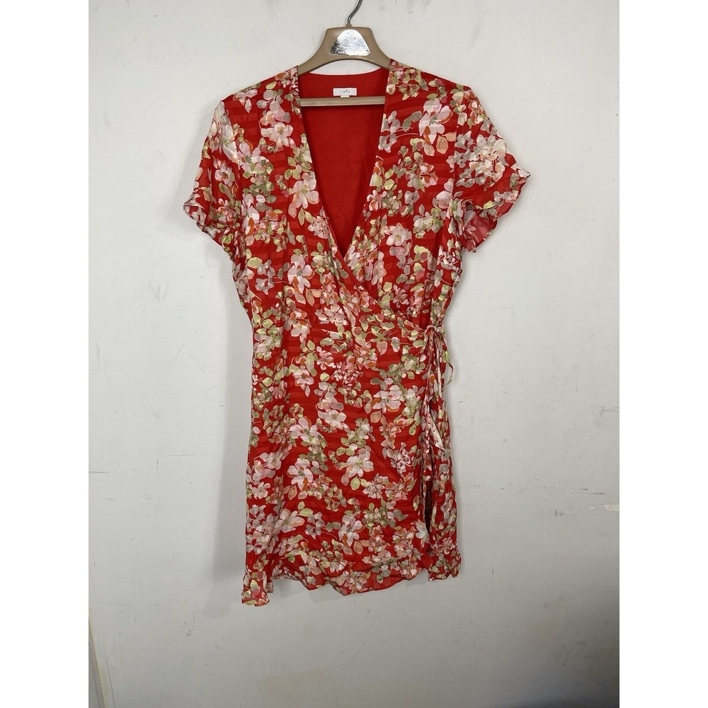 J Jill Women Dress Large Wrap Floral Summer Ruffle Romantic Garden Spring Orange
